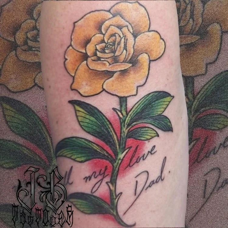 Yellow rose with handwritten All my love Dad memorial tattoo