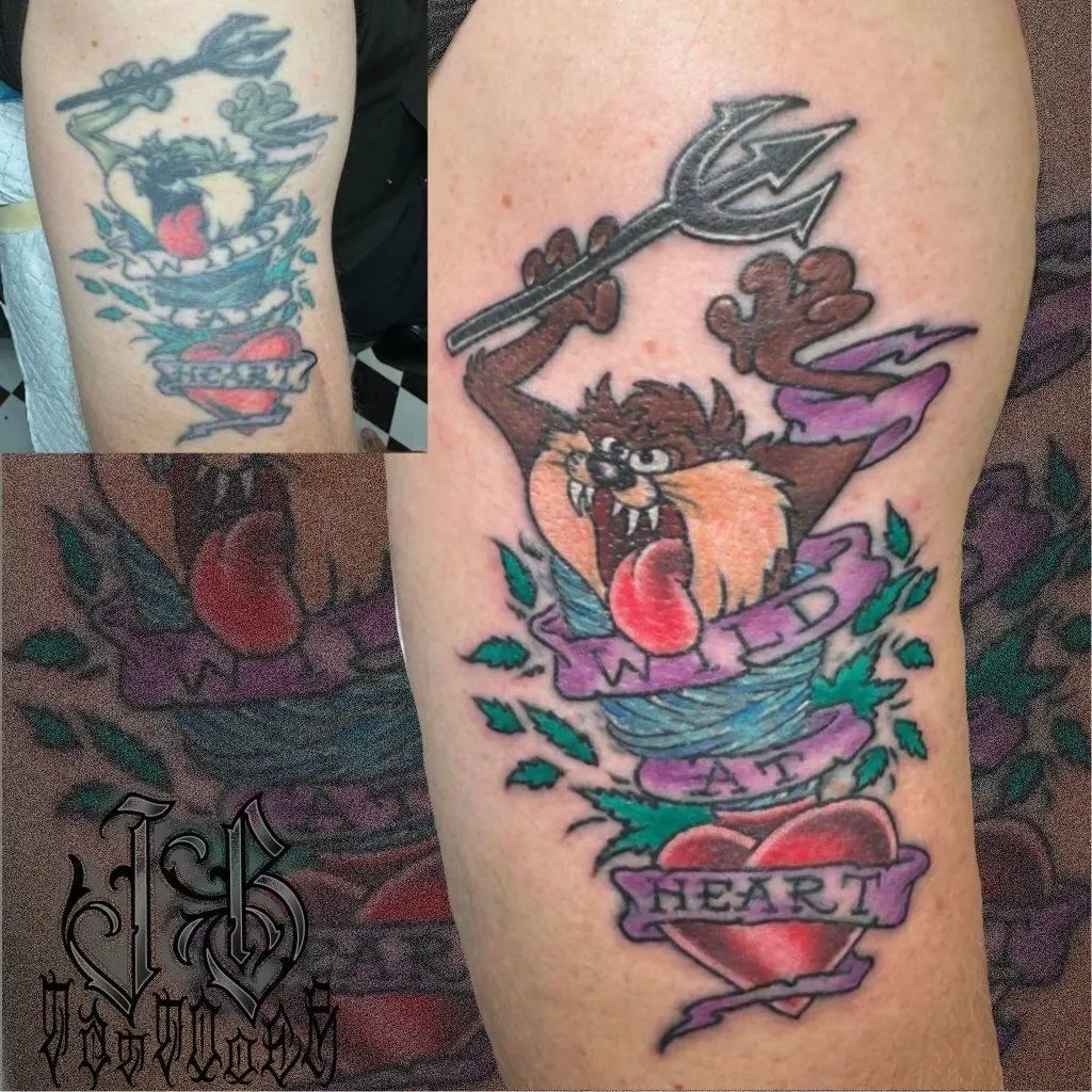 Wild at Heart Tasmanian Devil colour cover-up tattoo